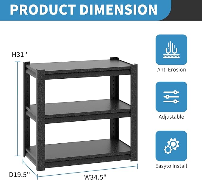 31.5" H Metal Storage Shelving, 1500LBS Heavy Duty Shelves Unit, Adjustable 3 Tier Storage Rack, Industrial Utility Shelf for Garage, Warehouse, Bedroom, Kitchen,18" D×34“W×31.5”H, Black