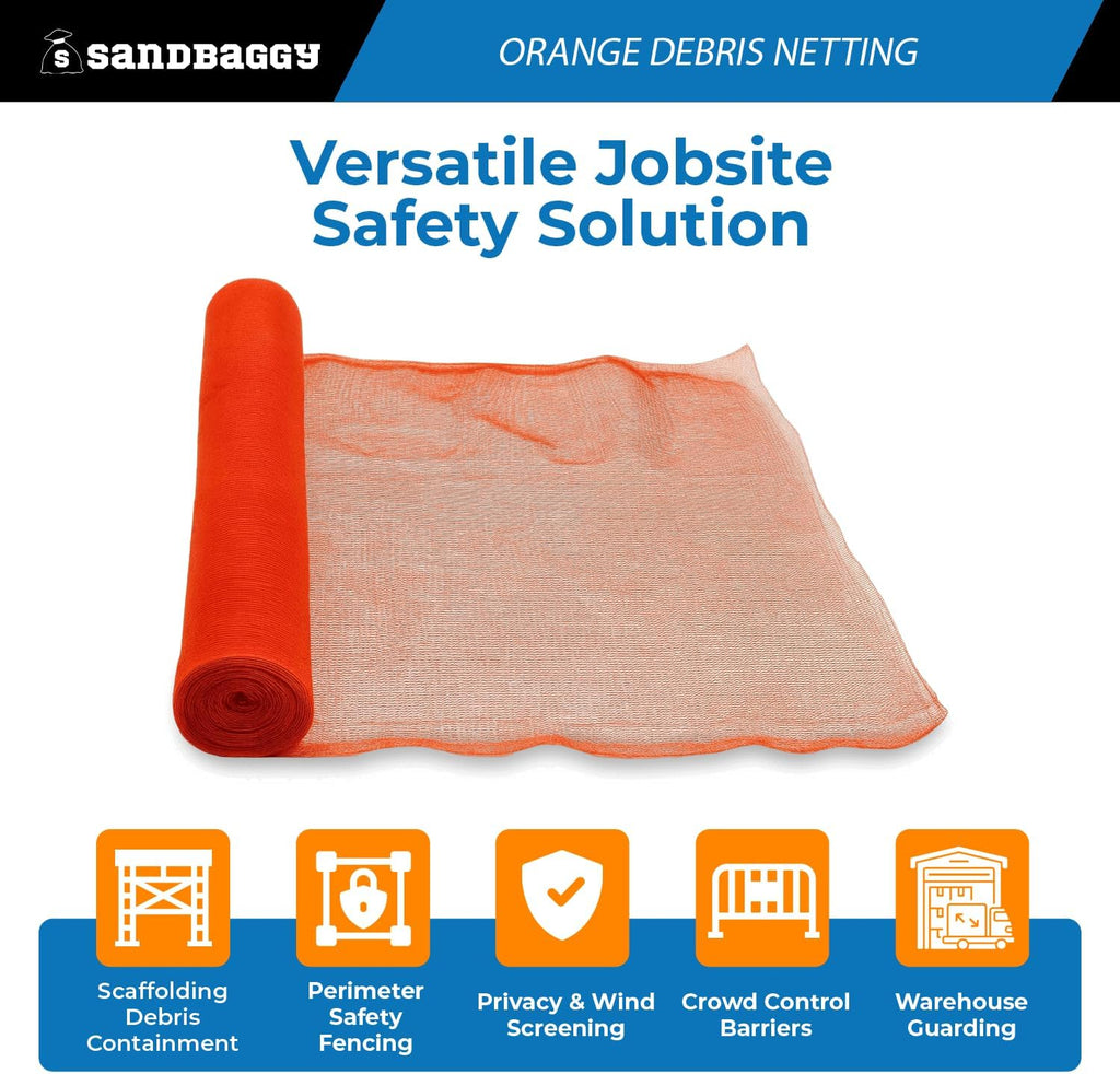 Sandbaggy Fire Resistant Debris & Safety Netting | Orange Construction HDPE Mesh (4, 4 ft x 150 ft)