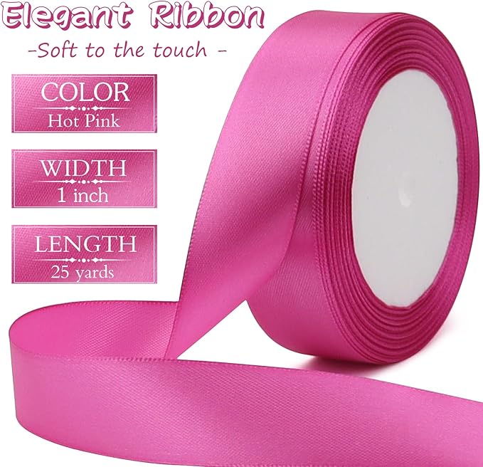 Hot Pink Solid Satin Ribbon 1 Inch 25 Yards Solid Polyester Fabric Ribbon for Gift Wrapping Wedding Christmas Baby Shower Birthday Party Decoration Handmade Immortal Flower Craft