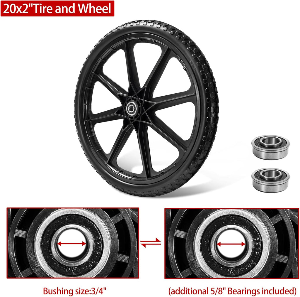 (2 PACK) 20" Flat Free Cart Wheels Compatible with rubbermaid Wheelbarrow Wheels,20x2" Flat Free Tires for Lawn Mower, Garden Cart- 3/4" Bearing,Hub Length 2.5", Black