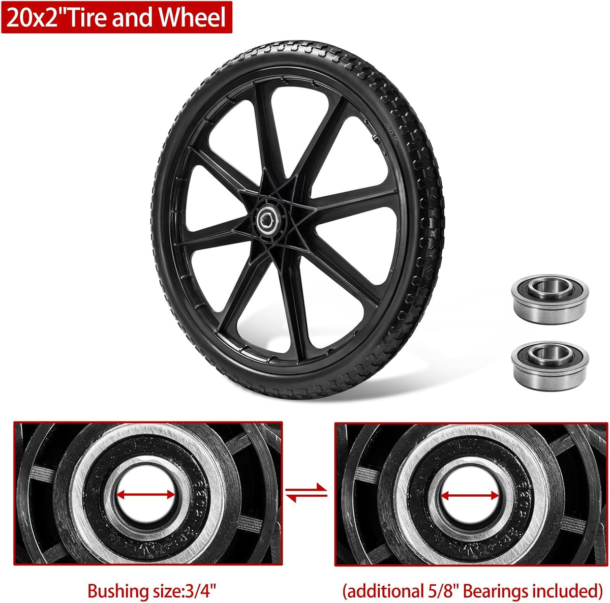 (2 PACK) 20" Flat Free Cart Wheels Compatible with rubbermaid Wheelbarrow Wheels,20x2" Flat Free Tires for Lawn Mower, Garden Cart- 3/4" Bearing,Hub Length 2.5", Black