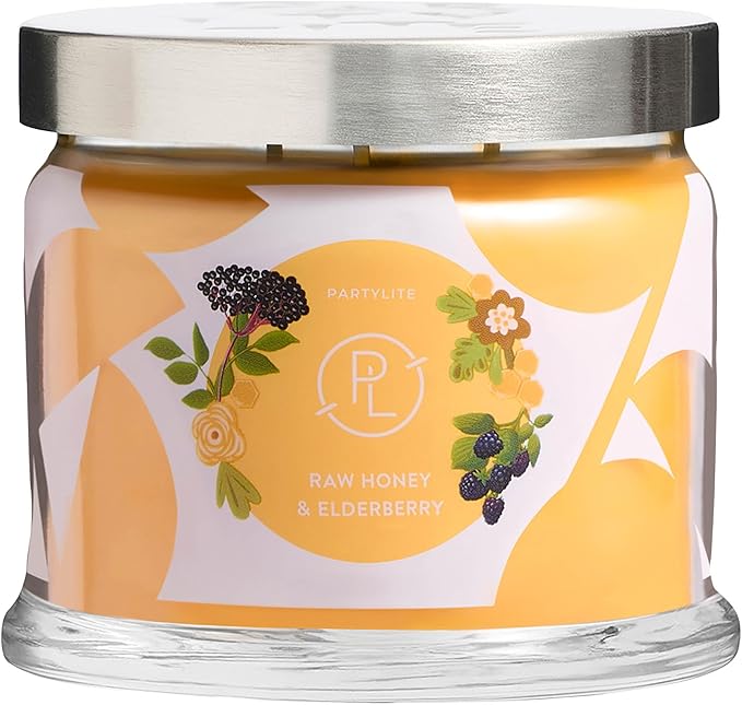 PartyLite Raw Honey & Elderberry Scented, Notes of Alpine Elderflower, Soft Jasmine & Golden Amber, 13.2oz 3-Wick Jar Candle, 45 Hour Burn Time, Luxurious Fragrance, Ideal for Gifting