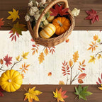Thanksgiving Fall Cotton Linen Table Runner for Dining Kitchen, Blue Pumpkins Rustic Wedding Outdoor Party Autumn Tablerunners Decoration, Leaves Dresser Scarf Coffee Tablecloth Runners 13x72 Inches