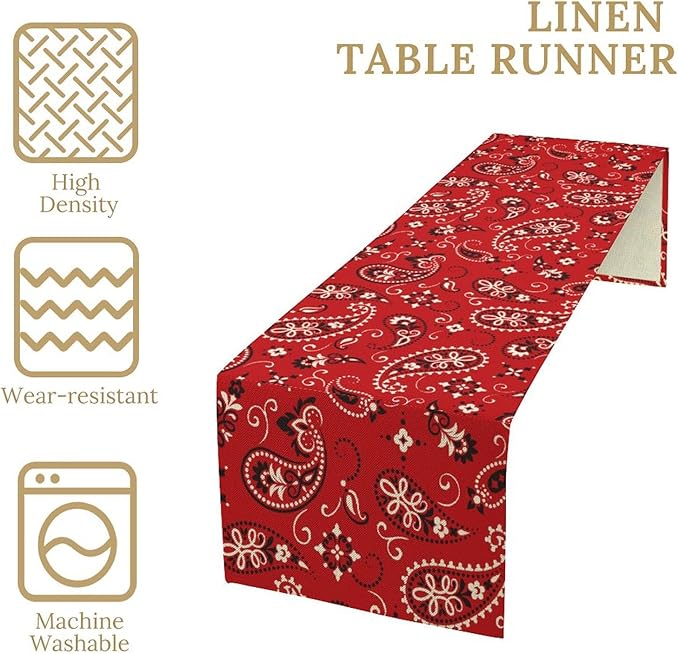 Paisley Table Runner, Boho Vintage Western Red Paisley Flower Print Table Runner for Kitchen Dining Table Wedding Holiday Party Decor, 13x108inch