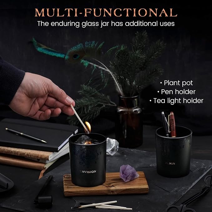 Scented Candle, Wood Wick, 7.4 Oz, Black - Luxurious, Powerful Manifestation Crystal Candle - Hand Poured with Natural Soy, Coconut and Beeswax - Essential Oils and Exotic Fragrance