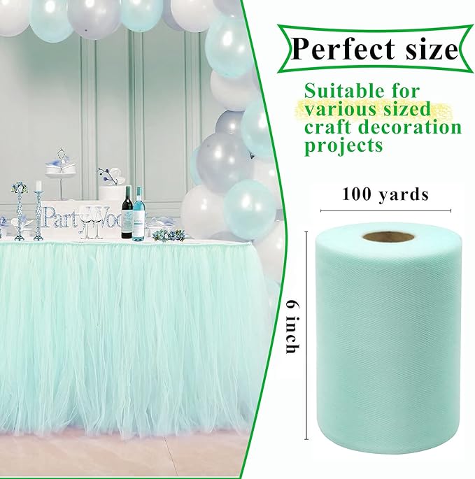 Aqua Blue Tulle Fabric Rolls 6 Inch by 100 Yards (300 feet) Fabric Spool Tulle Ribbon for DIY Tutu Bow Baby Shower Birthday Party Wedding Decorations Christmas Craft Supplies