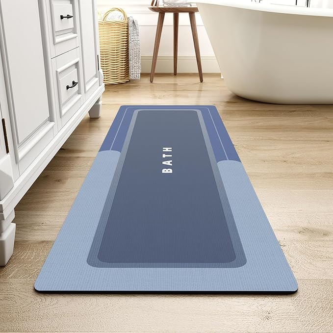 MontVoo-Bath Mat Rug Long Non Slip Super Absorbent Bathroom Runner Stain Resistant Quick Dry Thin Bathroom Mat Fit Under Door-17"x59",Navy