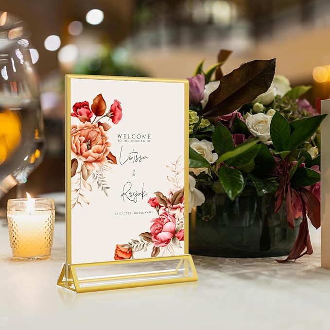 5x7 Gold Acrylic Sign Holder, 12 Pack Wedding Table Number Stands With Vertical Gold Borders, Double Sided Picture Frame Paper Stand, Clear Photo Display Menu for Party, Home, Restaurant