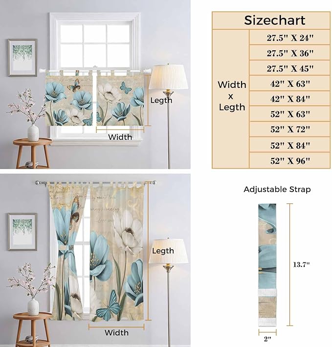 Spring Flowers Living Room Curtains 84 Inch Length, Window Curtains Tab Top, Vintage Rustic Tulips Floral Butterfly Khaki Light Filtering Window Treatments Drapes 52"x84" 2 Panel