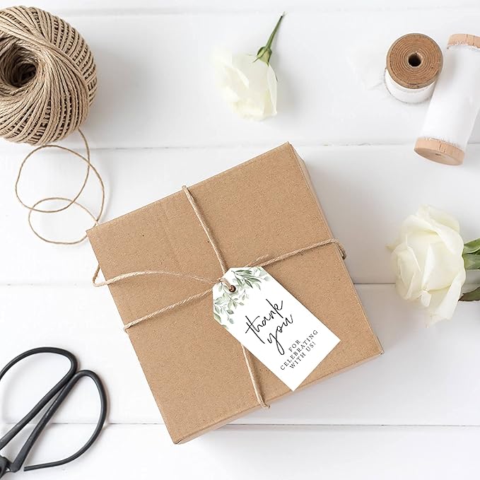 Andaz Press 100-Pack Thank You for Celebrating with Us Favor Tags Greenery Leaves Cardstock Gift Tags with Bakers Twine for Wedding Baby Shower Bridal Shower Birthday Party Favors 2 x 3.75-Inches