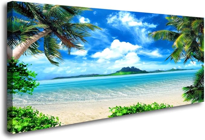 DZL Art S72750 Canvas Wall Art Ocean Waves Coconut Trees on Sands Beach Seascape Scenery Painting Nature Picture for Bedroom Home Office Wall Decor
