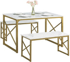VECELO Kitchen Table with 2 Benches for 4, Wood Dining Room Dinette Sets with Metal Frame for Breakfast Nook and Small Space