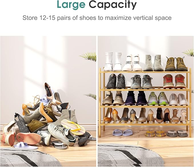 Shoe Rack, 4-Tier Long Shoe Rack for Entryway, Bamboo Wood Shoe Shelf for Closet & Hallway, Long 33IN | Beautiful | Functional | Sturdy | Durable