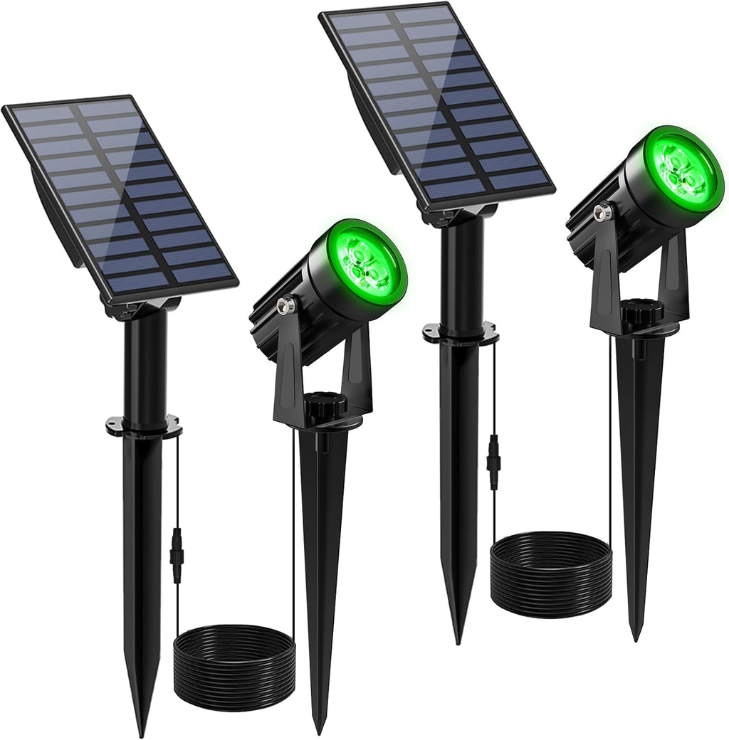 Green Solar Spot Lights Outdoor, 2 Pack Solar Landscape Spotlights IP65 Waterproof 9.8ft Cable, Auto On/Off Outdoor Wall Lights for Garden Yard Driveway Porch Walkway Pool (1-in-1)