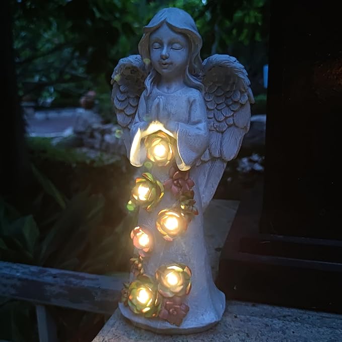 Angel Solar Garden Outdoor Statues with Succulent Plants and 6 LED Lights– Outside Solar Garden Decor Figurines -Remembrance & Sympathy Gifts Decorations