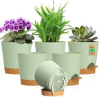 WSMKSZ 4 inch Self Watering Pots for Indoor Outdoor Plants, 6 Pack Plastic Flower Planters with Drainage Holes and Removable Saucers, Plant Pots with Wicking Rope, Modern Decor, Green Brown