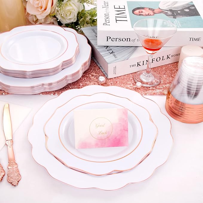 NOCCUR 175PCS Rose Gold Plastic Plates with Disposable Silverware - Include 25Dinner Plates, 25Dessert Plates, 25Forks, 25Knives, 25Spoons, 25Cups, 25Napkins for Wedding&Party