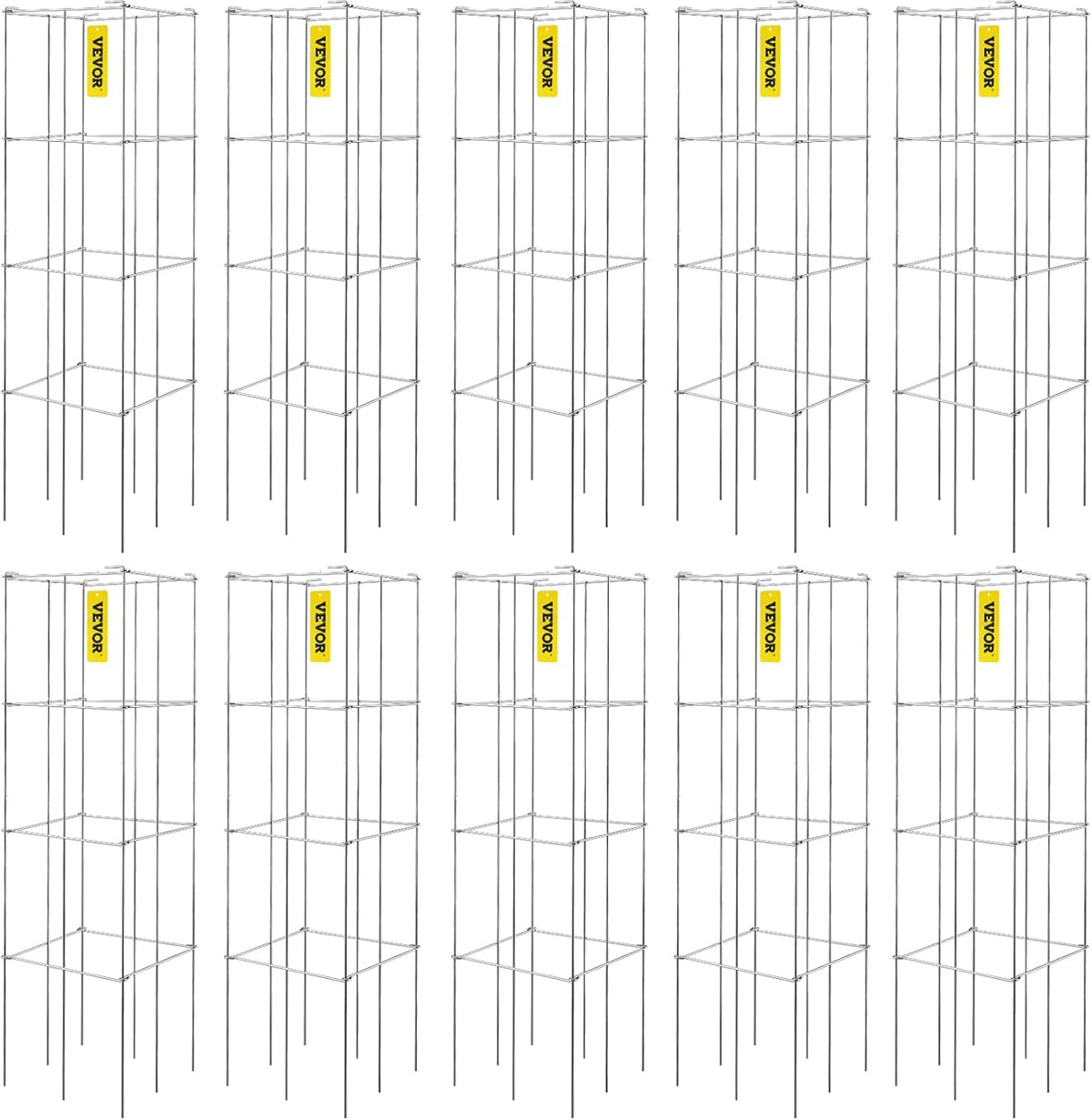 VEVOR Tomato Cages, 11.8" x 11.8" x 46.1", 10 Packs Square Plant Support Cages, Silver PVC-Coated Steel Tomato Towers for Climbing Vegetables, Plants, Flowers, Fruits