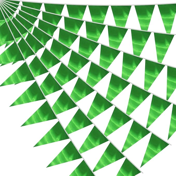 40M/130FT Green Triangle Pennant Banner Flag Metallic Fabric Bunting Garland for Christmas Graduation Safari Birthday Tropical Jungles Wedding Bachelorette Engagement Party Decoration Supplies