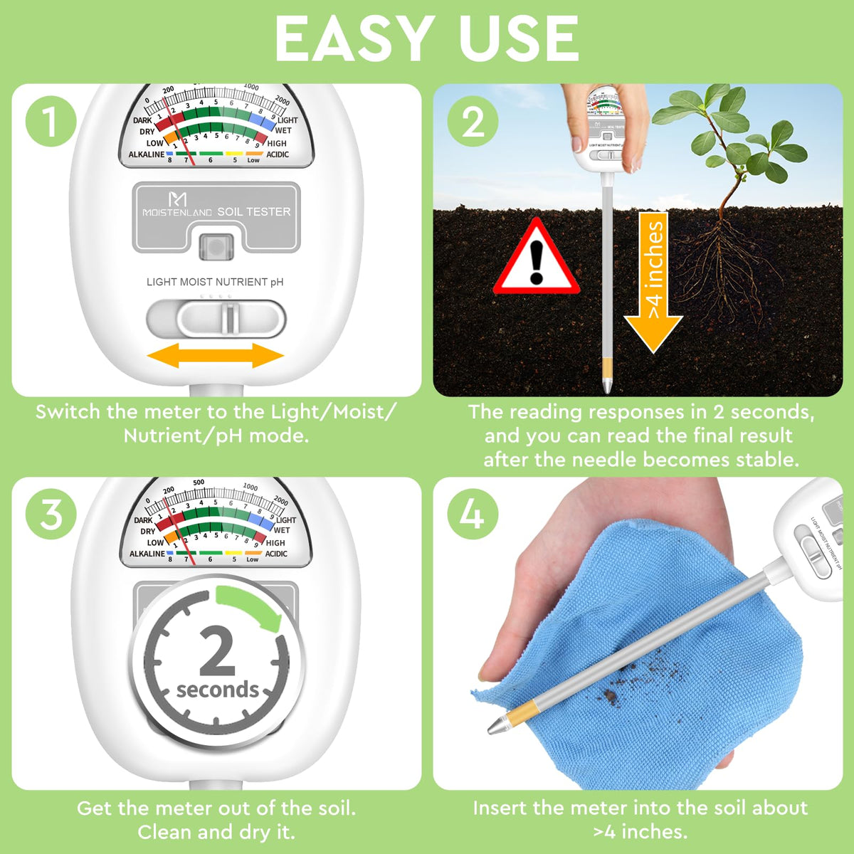 [Upgraded] Soil Moisture Meter, 4-in-1 Soil pH Tester, Moisture/Light/Nutrients/pH Meter for Gardening, Lawn, Farming, Indoor & Outdoor Plants Use, No Batteries Required, Gifts for Plants Lover