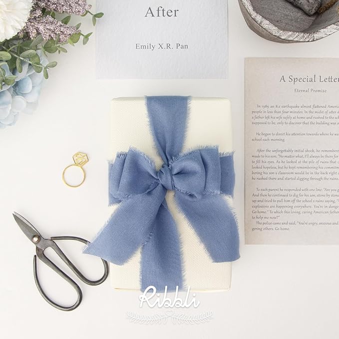 Ribbli 3 Rolls Dusty Blue Ribbon 1.5 Inch x 18Yards Handmade Cotton Frayed Fringe Ribbons for Gift Wrapping Wedding Invites Bridal Bouquets Baby Shower DIY Crafts Home Decor