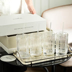 INSETLAN Vintage Art Deco Glassware | Glass Cups Set of 4 | 14 Oz Thick Bottom Cocktail Glasses, Highball Glass Fabulous Box, Embossed Ripple Glassware, for Water, Wine, Juice, Mixed Drinkware