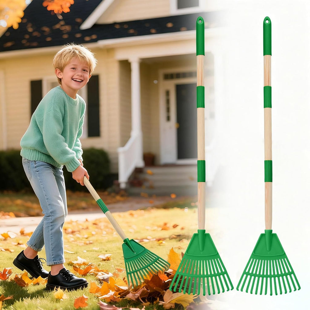 Acostop 2 Pcs Kids Rakes with Wood Handle - 34" Lightweight Plastic Garden Rake for Leaves, Safe to Use Kid Yard Tools for Boys Girls Fall Gardening Gifts (Green)