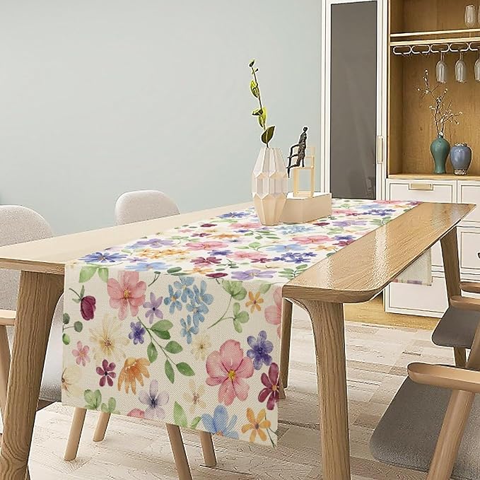 Floral Decorative Table Runner, Watercolor Floral Botanical Rustic Modern Style Pattern Printed Long Table Runner for Restaurant Kitchen Party,13in（33cm） W * 72in（184cm） L