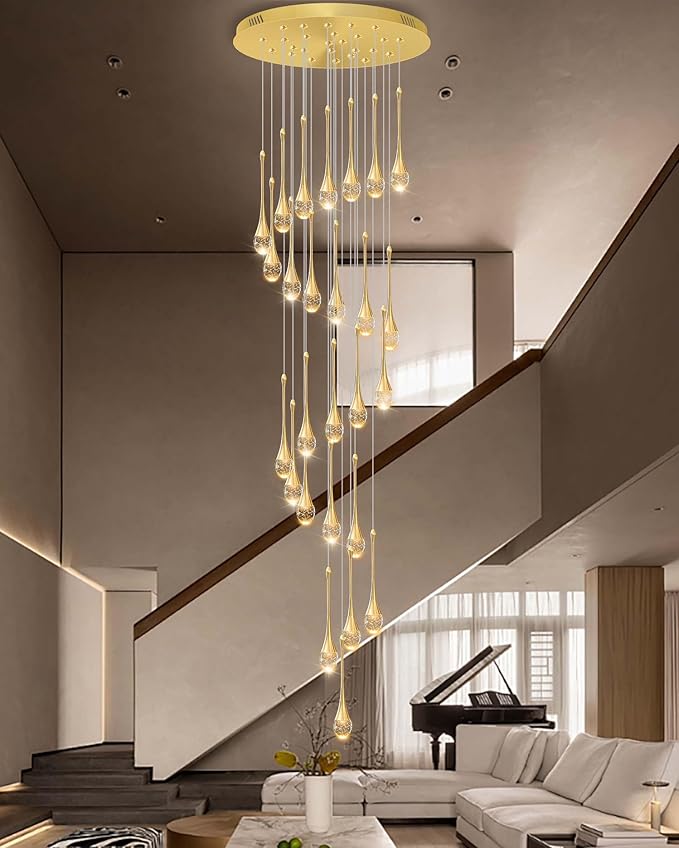 138'' Large Chandeliers for Living Room Modern Crystal Gold Chandeliers Spiral Staircase Pendant Light High Ceiling Lamp Fixture for Foyer Entrance Dimmable 2700-6000K
