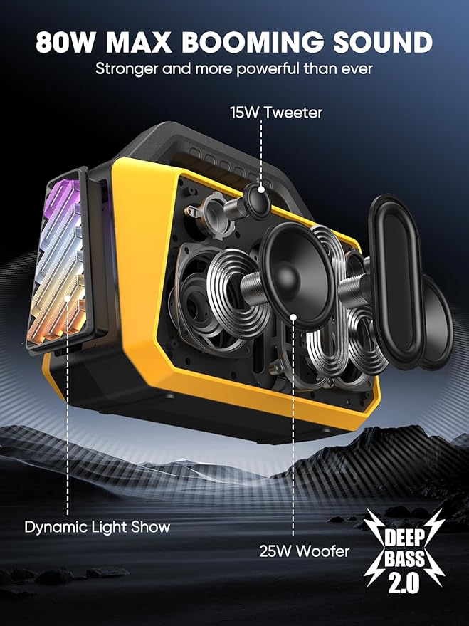 Portable Bluetooth Speakers - Wireless Jobsite Speaker 80W Peak, TWS, Light Shows, Loud Speaker with Deep Bass, BT 5.3, IPX6 Waterproof, 20H Playtime for Outdoor Beach Camping Garage - Yellow