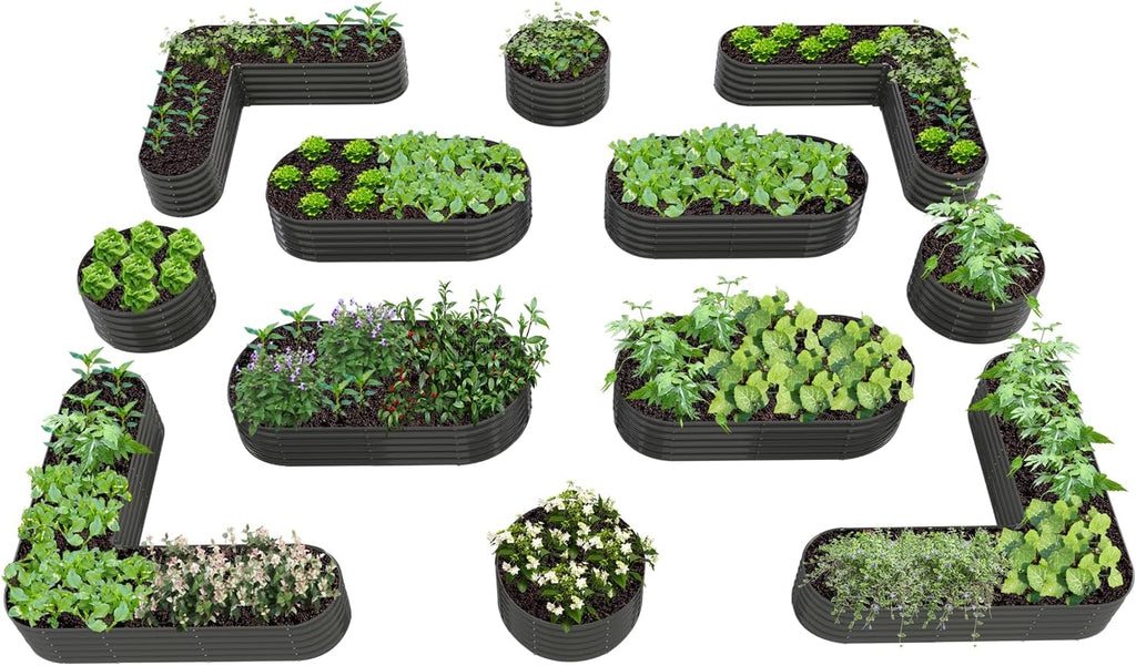 A ANLEOLIFE 12-Pack 4X4X1.5ft & 6X2X1.5ft & 81x81x18 in Deep Root Galvanized Raised Garden Beds Outdoor for Planting Vegetables Flowers Herb, Quartz Grey