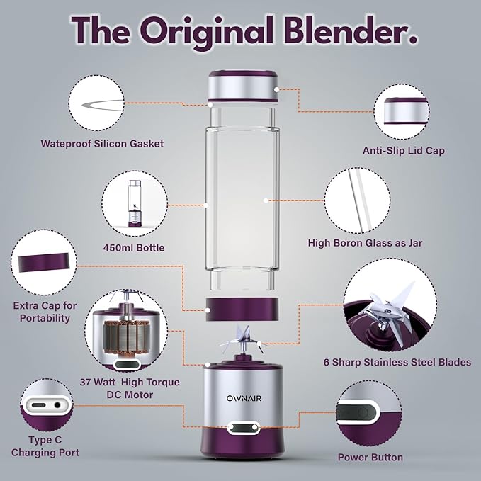 Portable Blender For Smoothie & Juices, Portable Juicer mixer grinder, baby food blender, Type C, 5000 mah battery, Smoothie maker blender, 450ml, Stainless Steel, 240 Watts, Grey