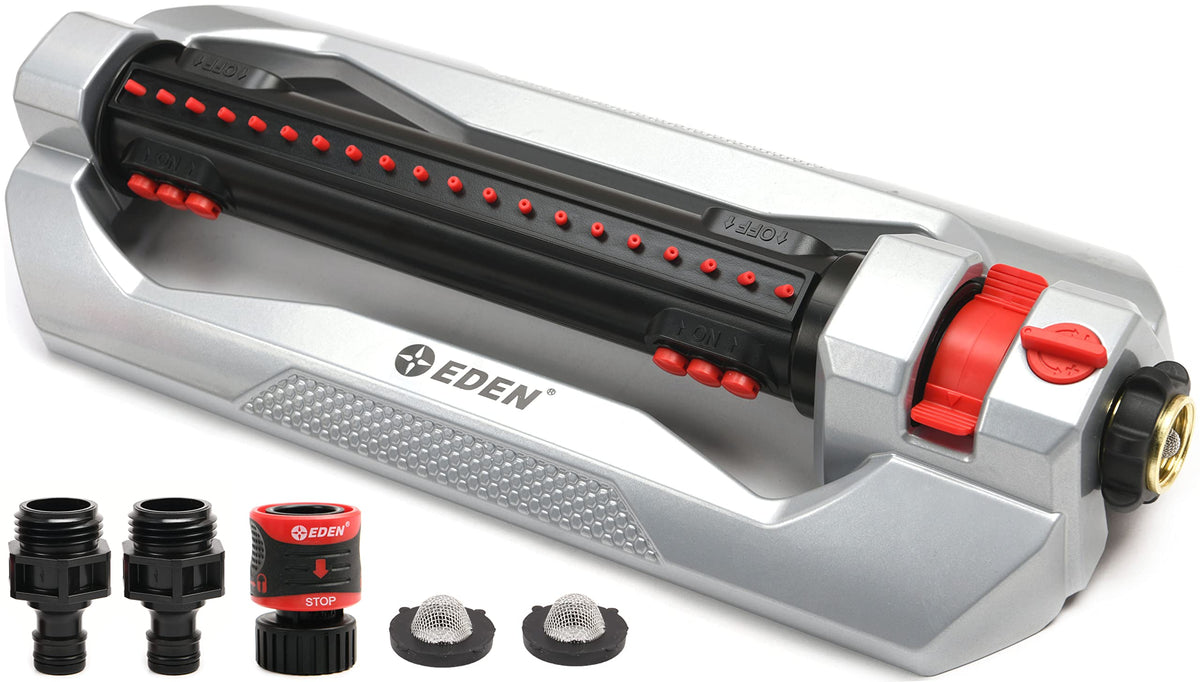 Eden 96216 Heavy Duty Turbo Oscillating Sprinkler, Covers Up to 4,900 sq. ft., 20 Precision Nozzles, Aluminum Base, Flow and Width Control, Adjustable Range, Quick Connects, Filters