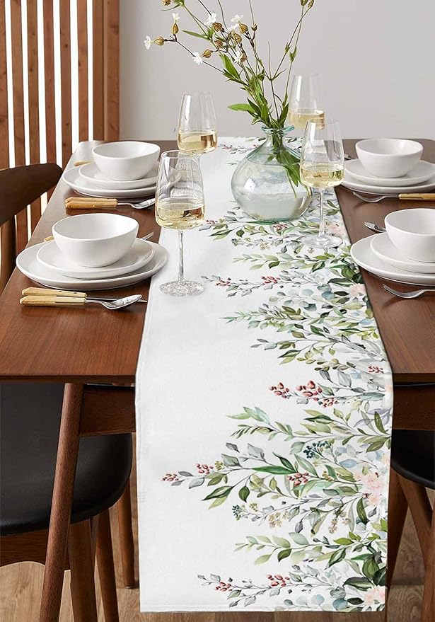 Botanical Eucalyptus Cotton Linen Table Runner for Dining Kitchen, Wedding Outdoor Party Tablerunners Decoration, Sage Green Leaves Elegant Floral Dresser Scarf Coffee Tablecloth Runners 13x108 Inches
