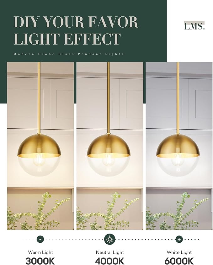 LMS Mid Century Pendant Light Fixtures, Brushed Gold Farmhouse Pendant Light with Clear Globe Glass Shade, Adjustable Hanging Rod Ceiling Light for Dining Room Bathroom Kitchen Island, LMS-186BGC