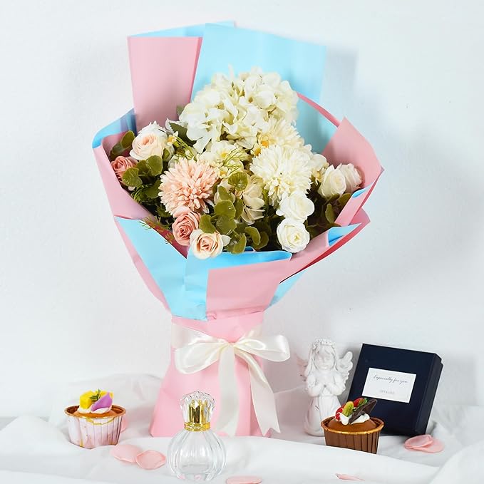 BEISHIDA 20Pcs Baby Blue and Baby Pink Double Sided Floral Wrapping Paper Matte Waterproof Flower Bouquet Wrapping Paper for Floral Wrap Florist Packing Supplies Valentine's Christmas Gift Wrapping