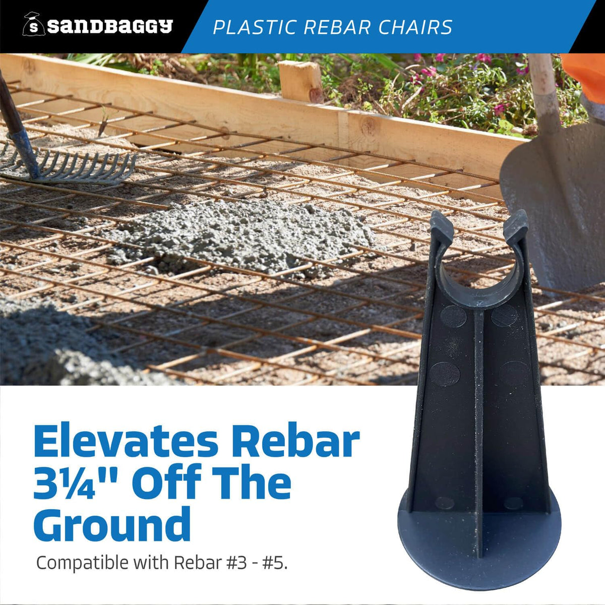 Sandbaggy Rebar Plastic Chair | Fits Rebar #3 to #5 | Heavy Duty Construction - Preferred Choice for Concrete Contractors | Save Money & Labor Compared w/Dobie Bricks (Pack of 500, 3-1/4 Inch Length)