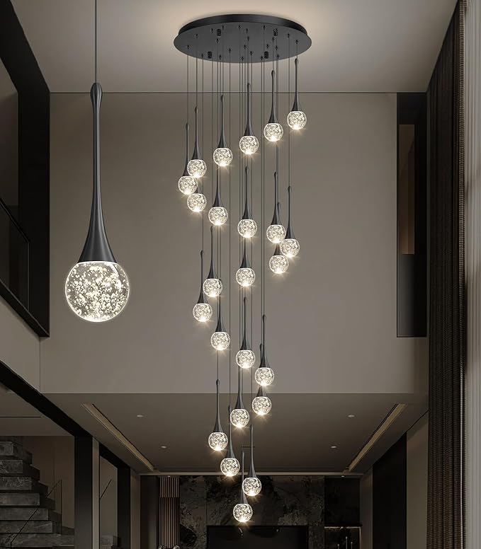 24 Light Modern Glam Crystal Chandelier for High Ceiling LED Dimmable Ceiling Pendant Light Staircase Foyer Enterway Living Room Chandelier Lighting Antique Black
