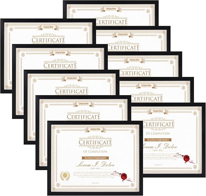WIFTREY 8.5x11 Certificate Picture Frames Sets of 10, Multi 8.5 by 11 Document Diploma Photo Frame Bulk, Wall Hanging or Tabletop Display, Black
