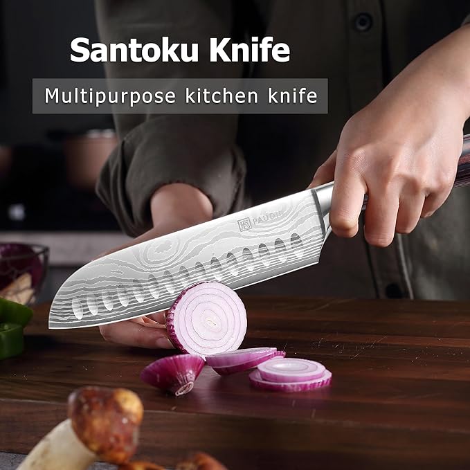 PAUDIN Santoku Knife, 7 Inch Kitchen Knife, Ultra Sharp Edge - Forged High Carbon German Stainless Steel, Professional Chef Knife with Ergonomic Handle, Gifts for Men and Women