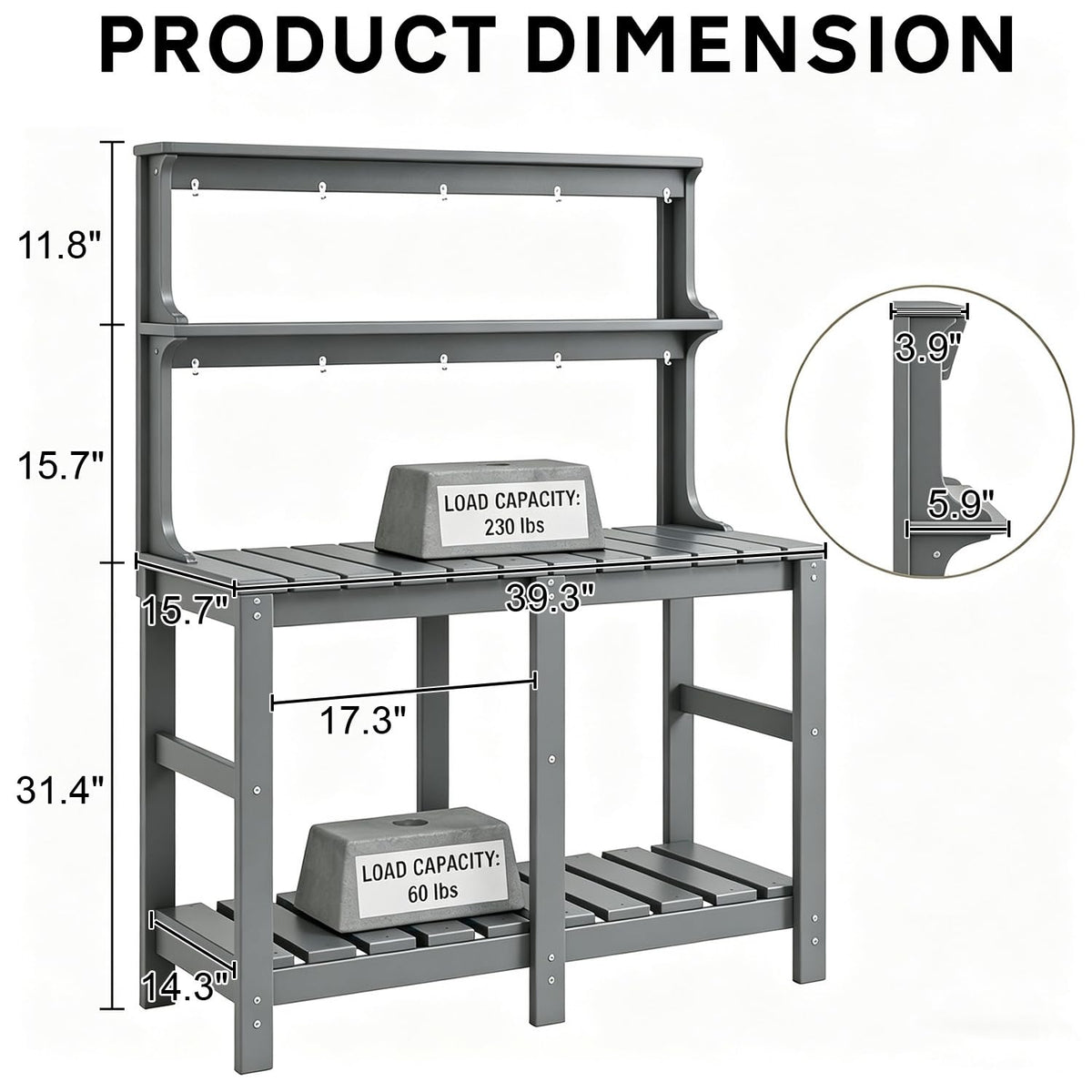 Polyhouz Outdoor Potting Bench with 3 Tier, All-Weather Patio Potting Table with Tool Hooks, HDPE Gardening Table for Backyard, Garden, Grey