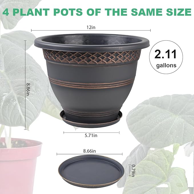 4 Pack 12 Inch Large Plant Pots, Plastic Flower Pot for Indoor & Outdoor with Drainage Holes & Saucer, Plaid Pattern Planters Garden Pots for Herbs Bronze
