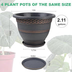 4 Pack 12 Inch Large Plant Pots, Plastic Flower Pot for Indoor & Outdoor with Drainage Holes & Saucer, Plaid Pattern Planters Garden Pots for Herbs Bronze