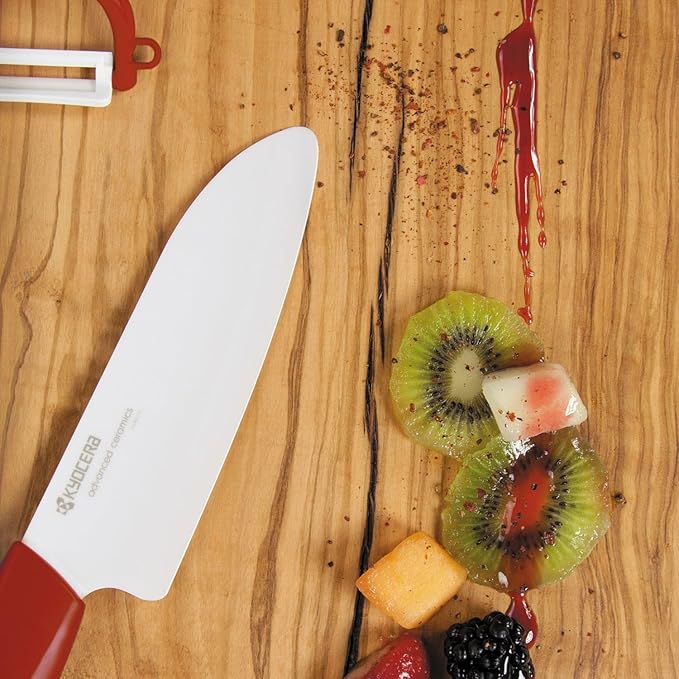 Kyocera’s Revolution Series 5.5” Ceramic Santoku Knife, Chef Knife For Your Cooking Needs, Red Handle, White Blade