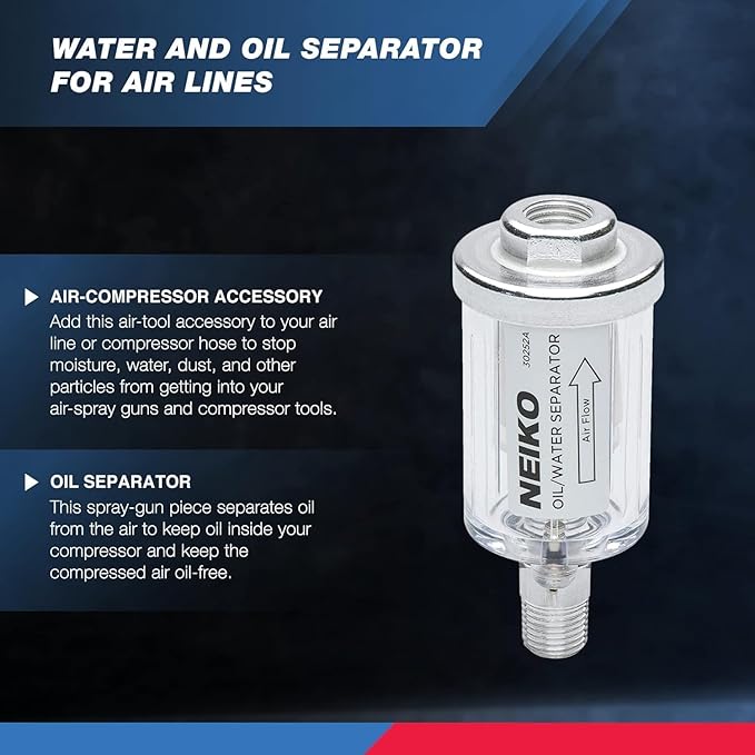 NEIKO 30252A Water and Oil Separator for Air Line | 1/4" NPT Inlet and Outlet | 90 PSI | Air Compressor and Air Tool Accessory | Protect Lifespan of Pneumatic Tools | Water Moisture Filter Dryer