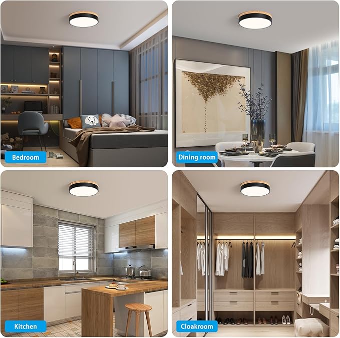 Modern Dimmable LED Close to Ceiling Light Minimalist Wood Oak Flush Mount Ceiling Light Fixture Circle Lighting for Bedroom Kitchen Bathroom Laundry Room (Black, 11.8'')