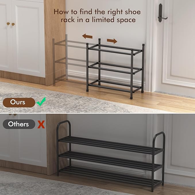 Expandable Shoe Rack, 3 Tier Shoe Rack for Closet, Stackable Adjustable Standing Metal Shoe Shelf Organizer Storage, Small Shoe Racks for Front Door Entrance、Entryway(Black)