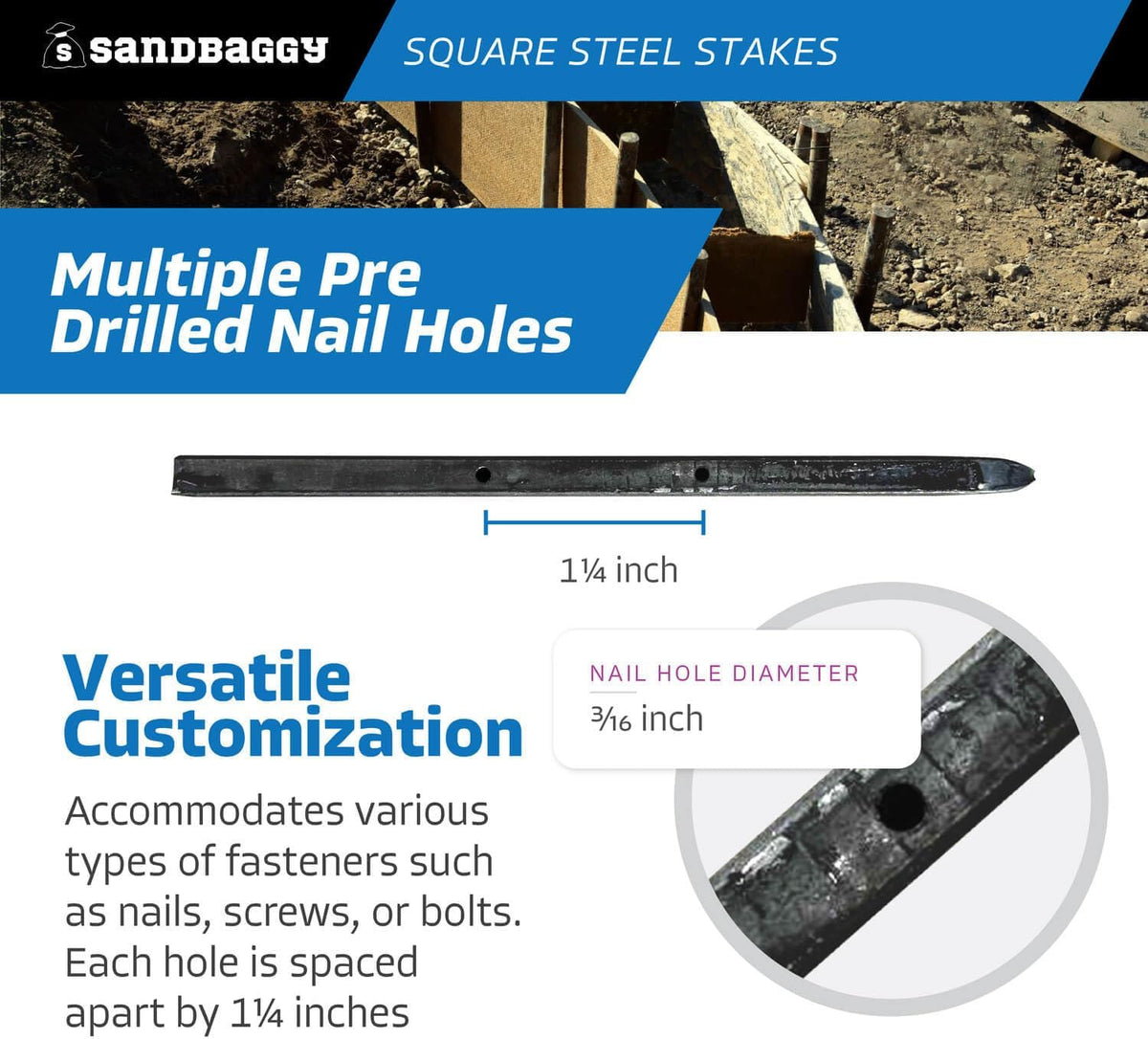Sandbaggy 18" Square Steel Concrete Form Stakes with Nail Holes - 5/8" Wide - Rust Resistant - Removable/Reusable - Construction Grade Rebar Pins (Square Nail Stakes, 5, Count)