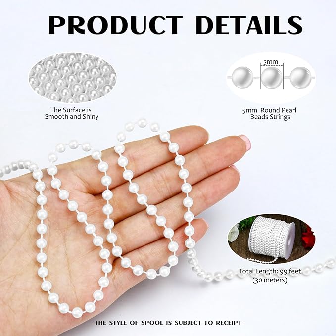 99 Feet 5mm Faux Pearl Strings Garland Artificial Pearl Beaded Trim Chain Strands for Crafting Wedding Centerpieces Bouquet Party Decoration Christmas Tree Garland, White