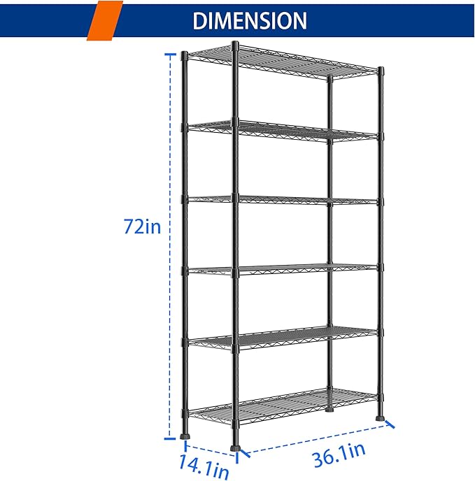 REGILLER 6-Wire Shelving Metal Storage Rack Adjustable Shelves,Standing Storage Shelf Units for Laundry Bathroom Kitchen Pantry Closet(Black,14.1" D x 36.1" W x 72" H)